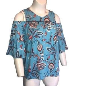 Robert Louis Blouse Womens Size Large Blue Floral Cold Shoulder Bell Sleeve Top
